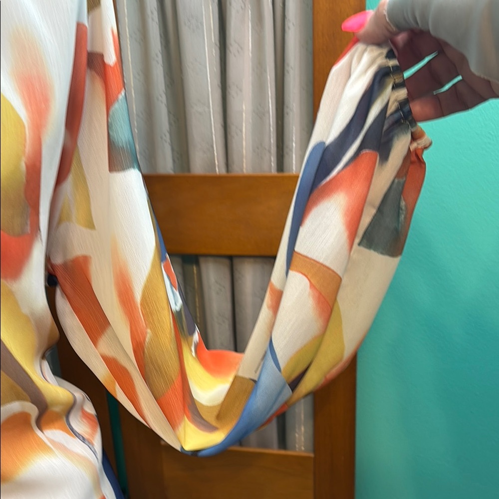 Sissyaki Orange and Blue Buttoned Blouse with Notched Collar - Picture 4 of 11